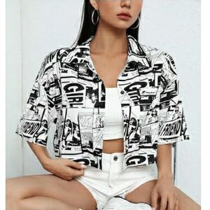 Oversized Button Down Short Sleeve Shirt Textured Collared Crop Top Black /White